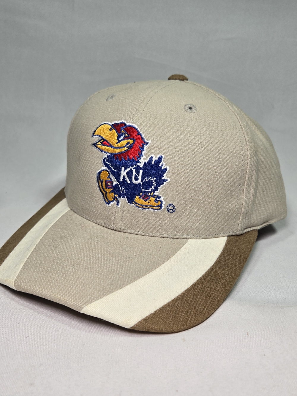 Vintage 90s KU Kansas Jayhawks Hat Twin Enterprise Beige Cream Strapback Y2K